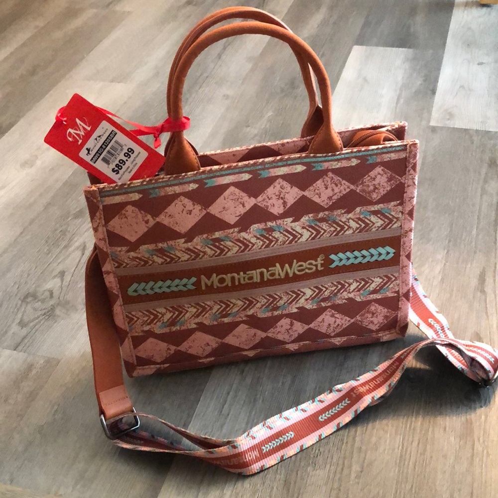 Montana West Tan Southwestern Aztec Print Crossbody Tote Adjustable Strap NWT